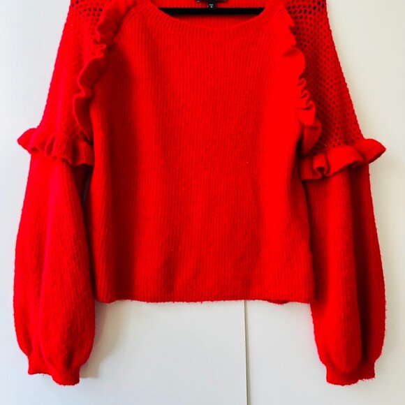 Express Women Red Knit Ruffled Eyelet Detail Ballon Sleeve Pullover Sweater Sz S - Picture 2 of 11